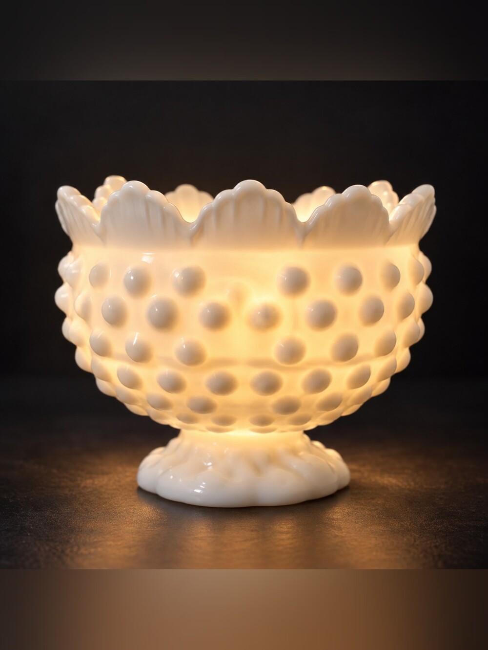 Vintage White Milk Glass Hobnail Footed Taper Candle Holder Scalloped Rim